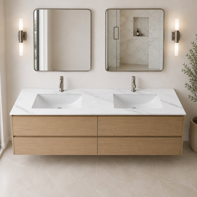 72" Porcelain Vanity Top in Carrara White with White Rectangular Double Sink