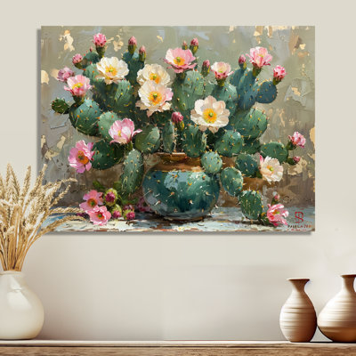 Green Pink Flowering Cactus Glow III - Floral Cactus Wall Art