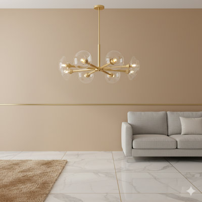 A 36-Inch Modern Gold Eight-Light Sputnik Chandelier With Clear Glass Shades. This Mid-Century Hanging Pendant Light Fixture Is Suitable For Dining Rooms, Living Rooms, Or Kitchens (Bulb Is Not Included).
