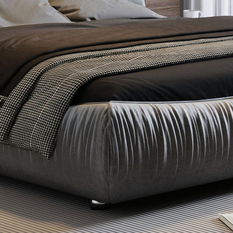 Lit de luxe tapissier grand avec revêtement anti-rayures, tissu gris et structure en bois stable, Queen, Grey