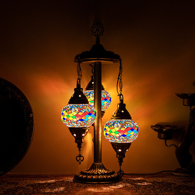 Turkish Lamp, 3 Globe Turkish Mosaic Table Lamp, Living Room and Office Decoration Lighting, Colorful