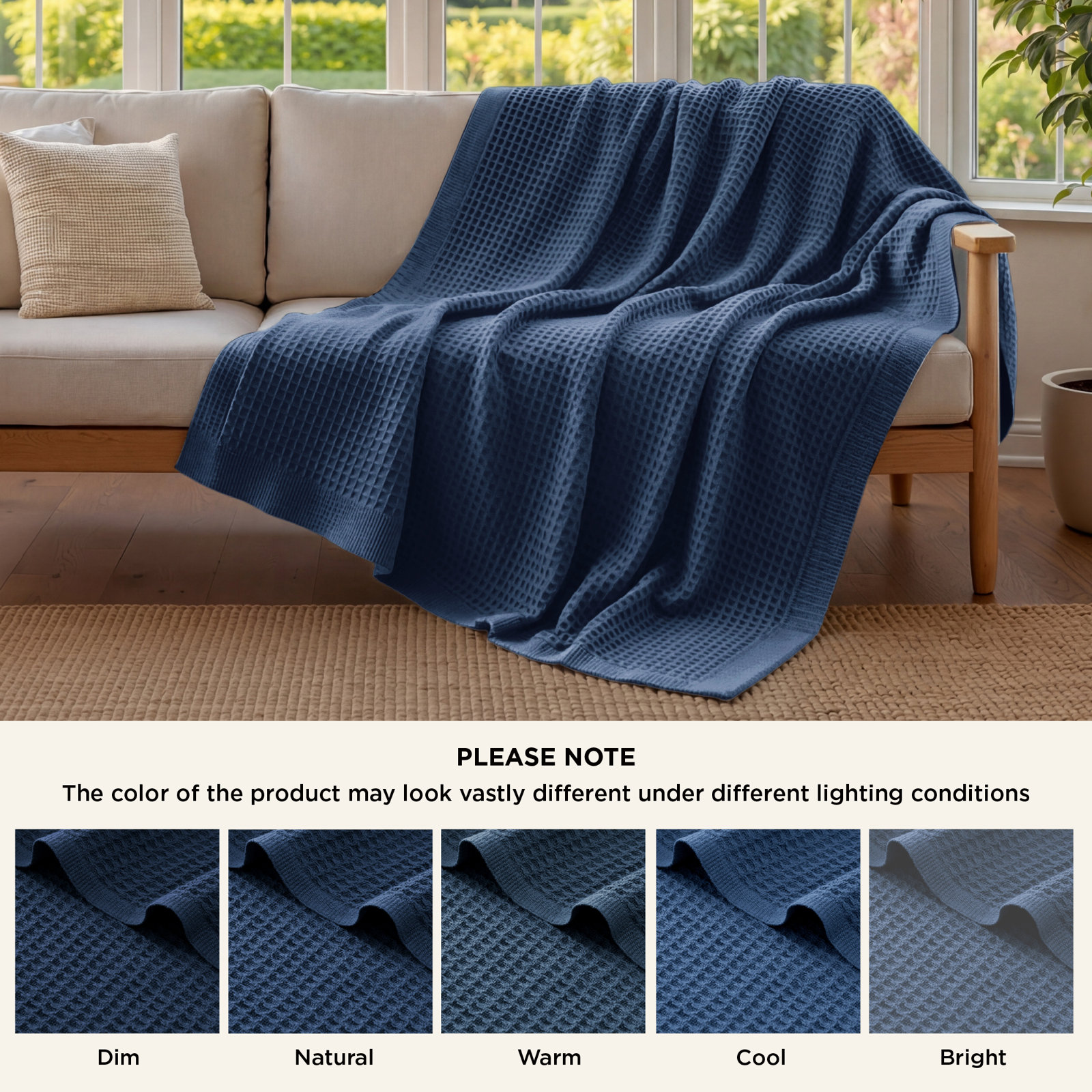 Bedsure Cotton Waffle Weave Throw Blanket, Navy, King