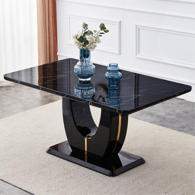 Table de salle à manger moderne, simple et luxueuse en similicuir imitation marbre noir, table de bureau rectangulaire, table d'ordinateur, bureau de jeu