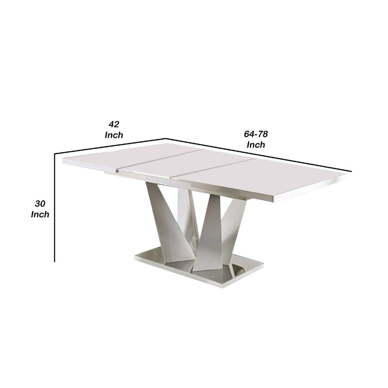 Table de salle à manger Dian, blanche et chrome, plateau rectangulaire extensible 64 à 78 pouces