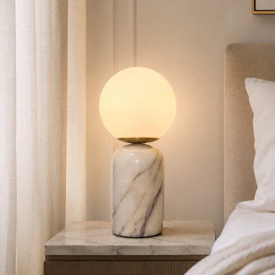 12.4'' Modern White Marble Globe Table Lamp with White Glass Shade, E26 Bedside Nightstand Lamp for Bedroom Living Room