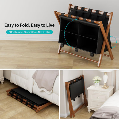 Porte-bagages en bambou avec 4 compartiments de rangement, support de valise pliable pour chambre d'amis, capacité de 150 lb, robuste, compact et facile à assembler