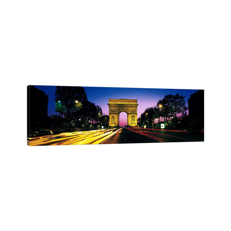 Arc De Triomphe with Blurred Motion Car Lights, Paris, Ile-De-France, France 1 Piece Wrapped Canvas Panoramic Wall Art
