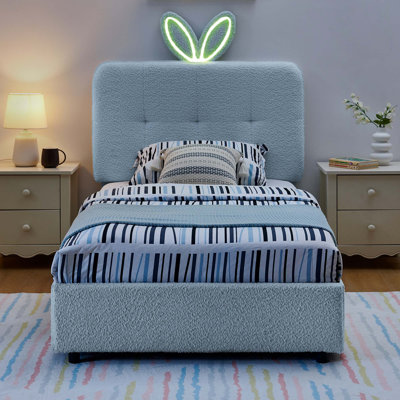 Kids Upholstered Bed with Rabbit Ear Headboard and LED Lights