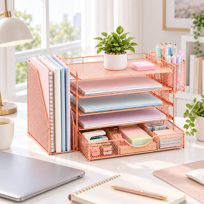 Organiseur de bureau à 4 niveaux en or rose avec tiroir et porte-stylos