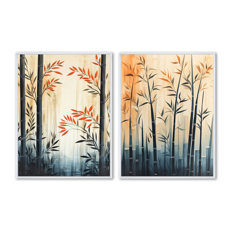 Bambou dans le calme I - Ensemble de 2 grandes décorations murales Japandi, 32" H x 48" W, White Floater Framed