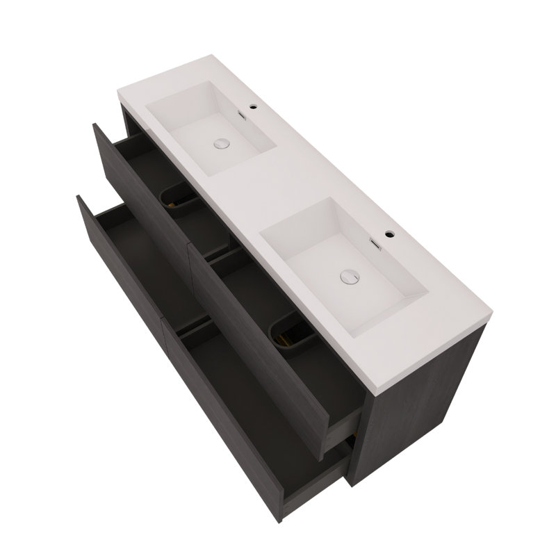 Meuble-lavabo autoportant 72 po en chêne naturel avec lavabos doubles en résine et comptoir à fermeture en douceur, Espresso