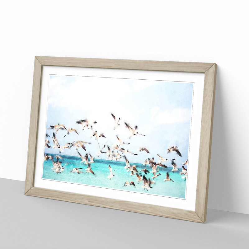 Flock Of Seagulls Over The Sea - Single Picture Frame Print on MDF, 33cm H x 45cm W x 2cm D, Oak Framed