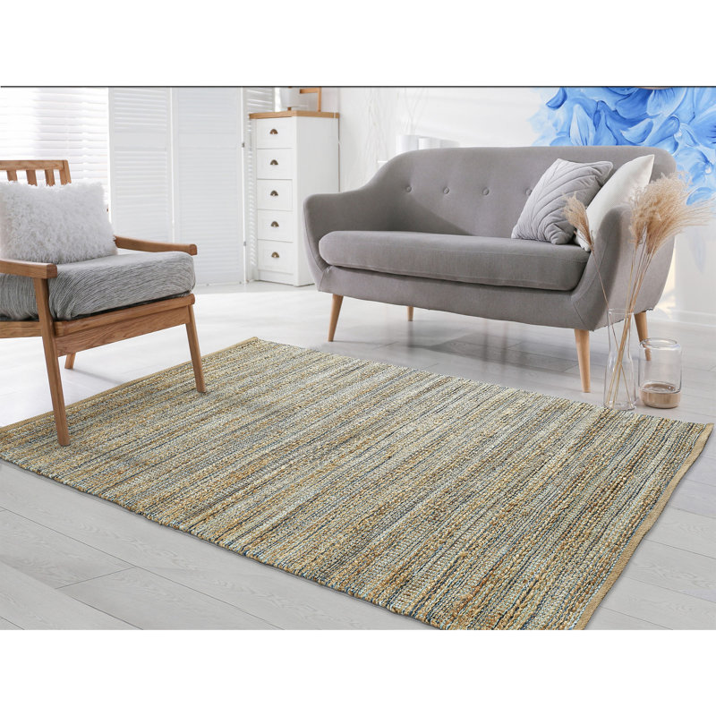 Modern Farmhouse Handmade Natural Fiber Jute Indoor Area Rug with Cotton Backing, Rectangle 9' x 12', Tan/Navy