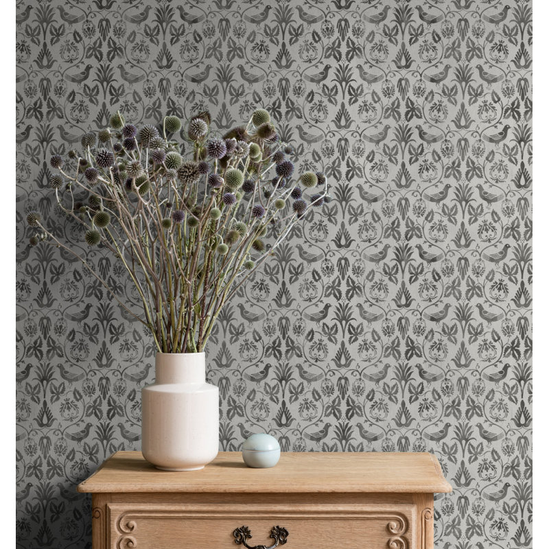 Rouleau de papier peint L 33 pi x l 20,5 po Yuki Osada Gathering Songbirds, Gris