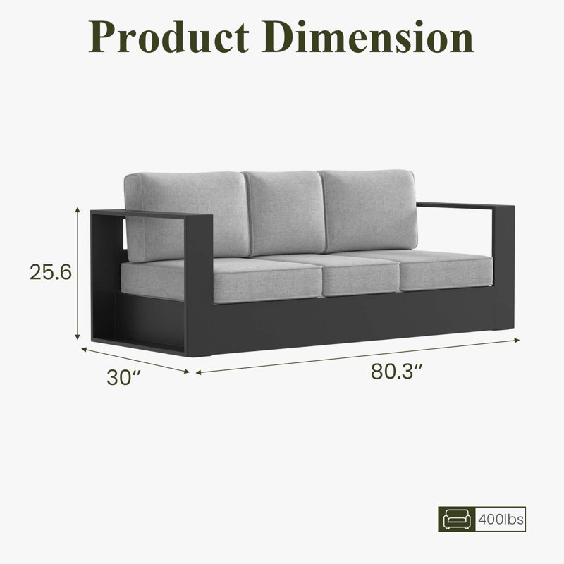 204cm Wide Patio Sofa with Cushions, Grey Cushion/Black Frame