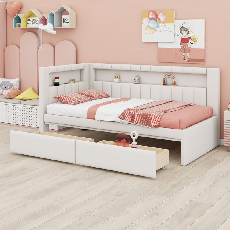 Upholstered Platform Bed With USB Ports And LED Belt, With 2 Drawers, White