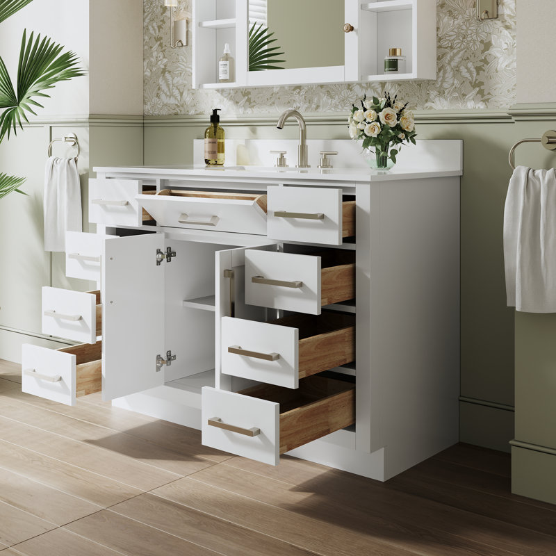 48" W x 35" H Freestanding Bathroom Solid Wood Vanity With White Cultured Marble Countertop And Ceramic Single Sink,White