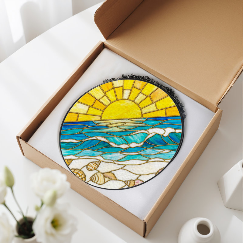 12"H Sunset Ocean Stained Glass Window Panel, 12" H x 12" W
