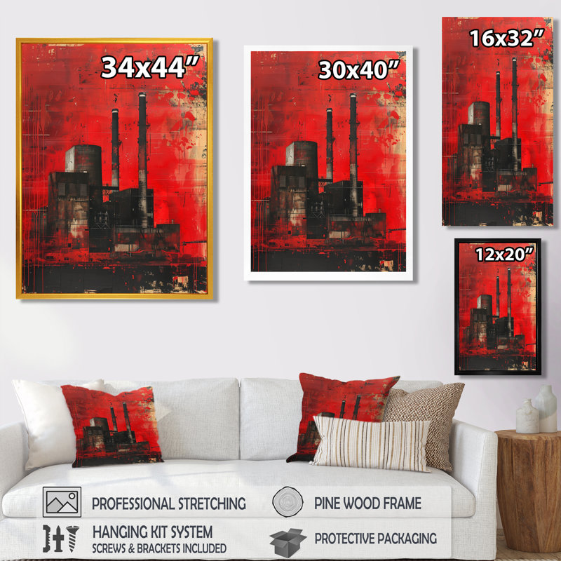 Décoration murale rouge et noire industrielle Polution Power Plant III - Centrales électriques, H 12 po x l 20 po