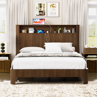 Queen Size Bed Frame with Storage Headboard, Built-in Charging Station, Wavy Curved Lines, Silent Operation, Metal Support