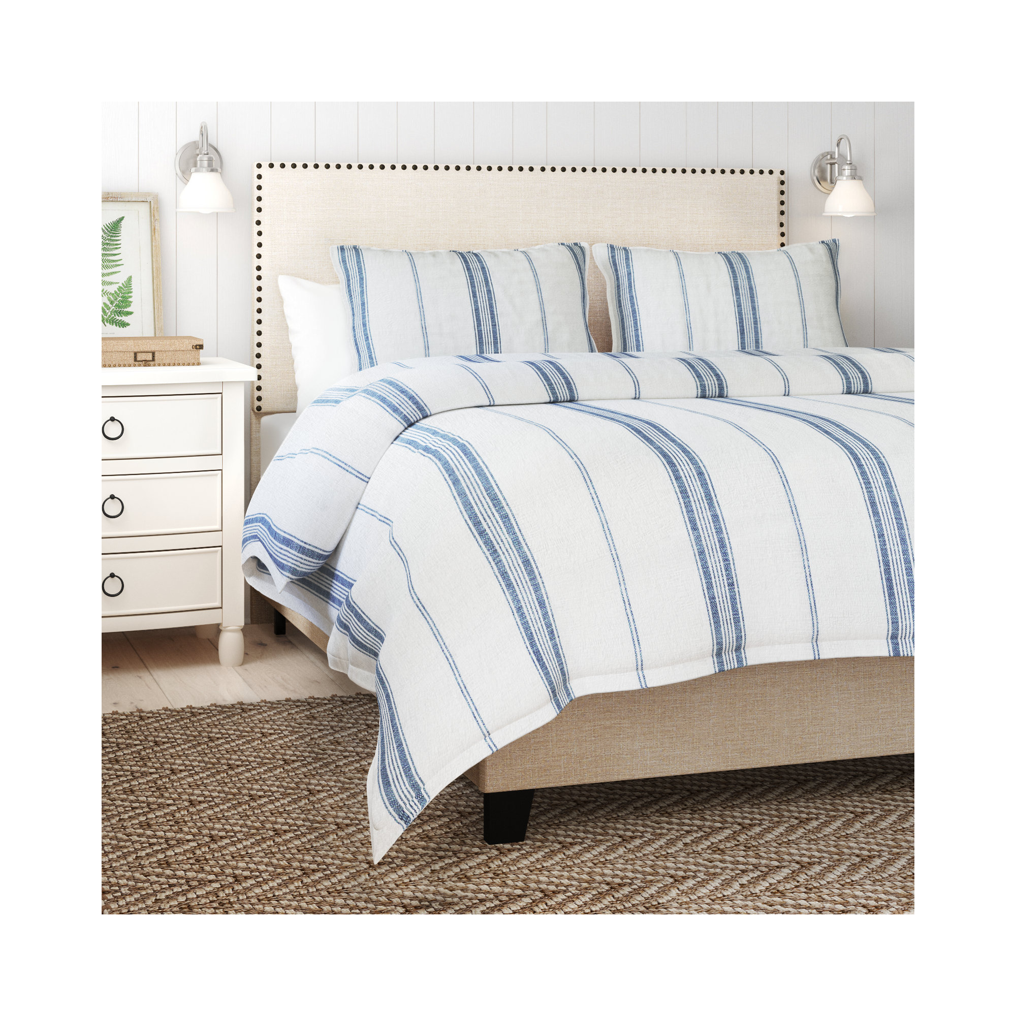 Fleta Linen Blend Duvet Cover, White/Blue Striped, King Duvet Cover