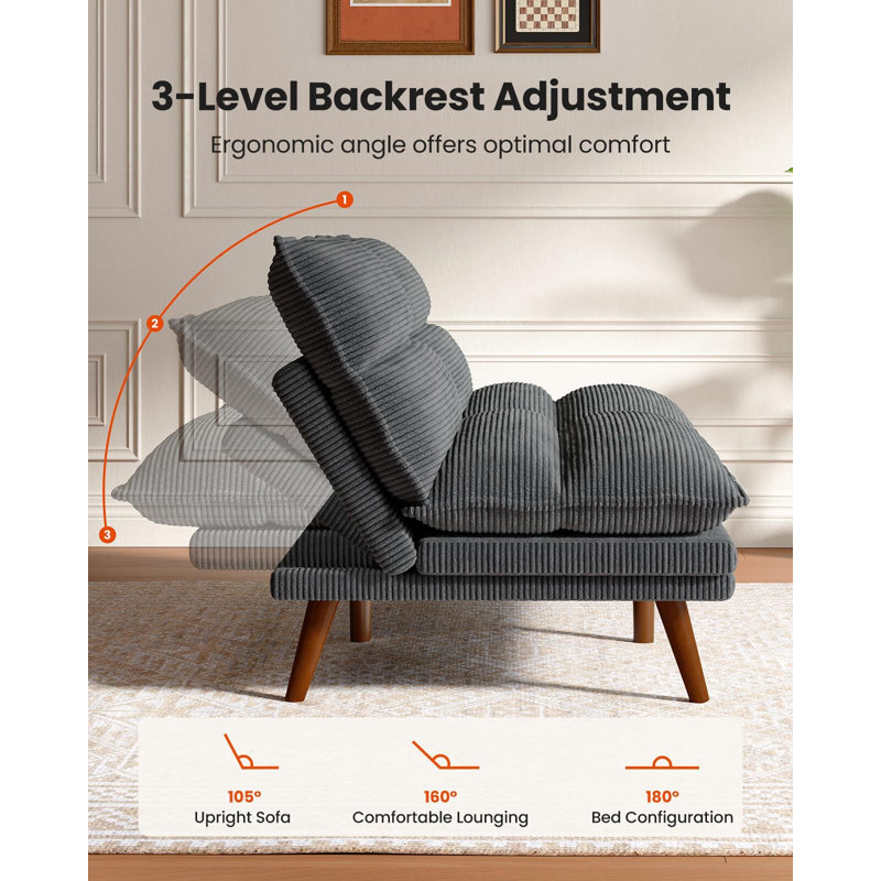 Convertible Futon Sofa Bed With Adjustable Backrest & Armrests, Thickened Seat Cushion, Gray