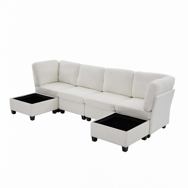 6-Seat Modular Sectional Sofa, Beige Polyester