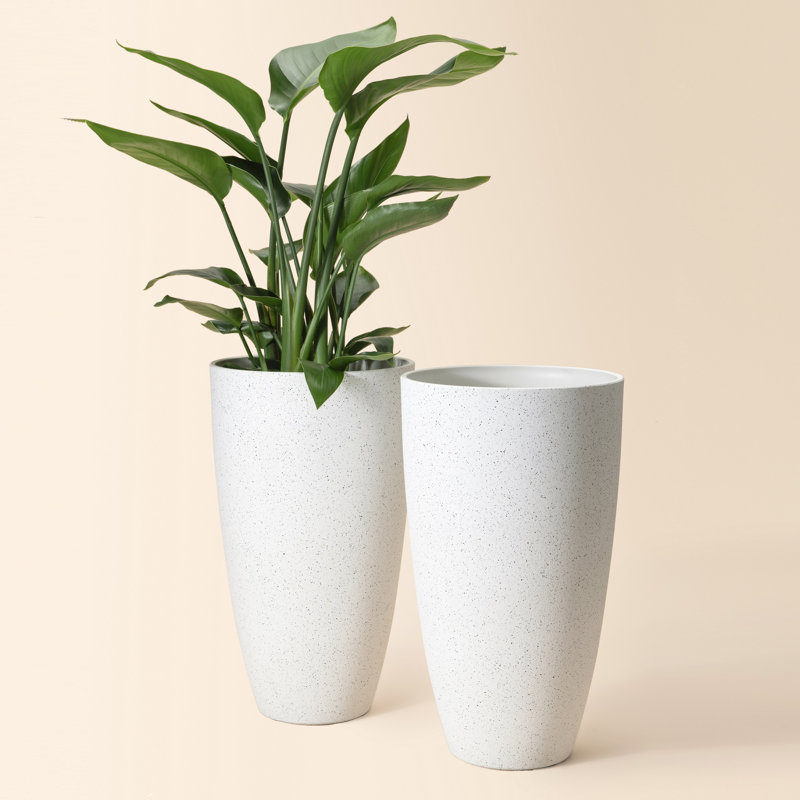 Tall Large Round Planters 2 Pack, Large Planter Pots for Front Door, Speckled White, 20" H x 11.5" W x 11.5" D