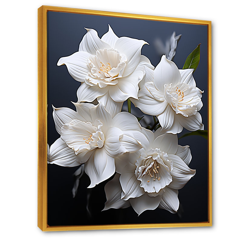 Jonquilles blanches sur toile, Cadre flottant doré, H 32 po x l 24 po x P 1 po