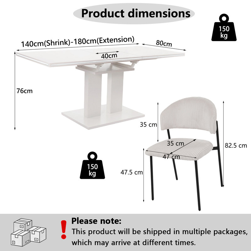 Expandable Dining Table Set of 8, 140-180cm High Gloss White Kitchen Table with 8 Chairs, Modern Pedestal Table for Living Room