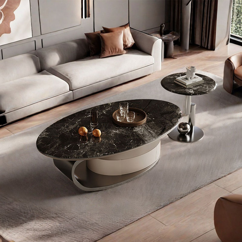 Table basse ovale en pierre supercristalline, Noir, noir, noir, noir, H 16,5 po x L 47,2 po x l 27,6 po