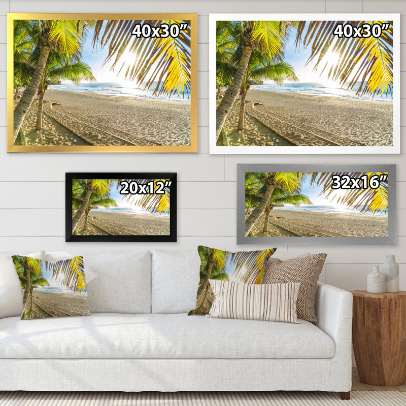 " Tropical Beach With Palm Leaves ", Gold Closed Corner Framed, 24" H x 32" W