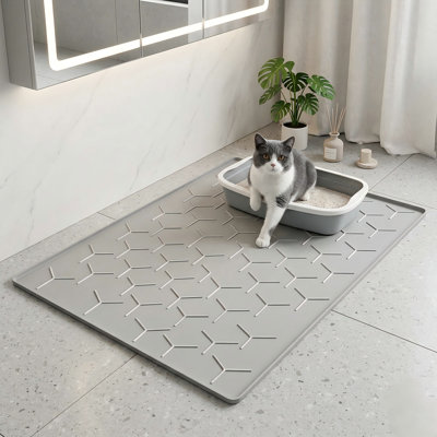 Large Cat Litter Box Mat, 34"x22", Waterproof Silicone Floor Pad for Kitty Litter Area, Grey