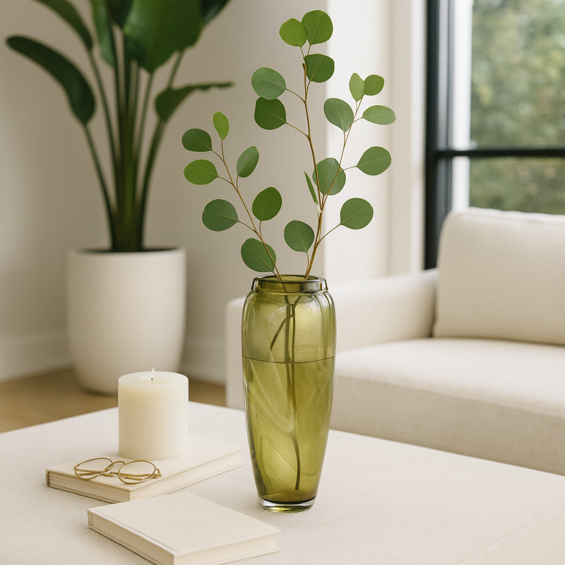 Sculptural Swirled Tall Glass Vase for Home Decor Styling - Elegant Table Flower Statement Vase for Living Room Display - Green