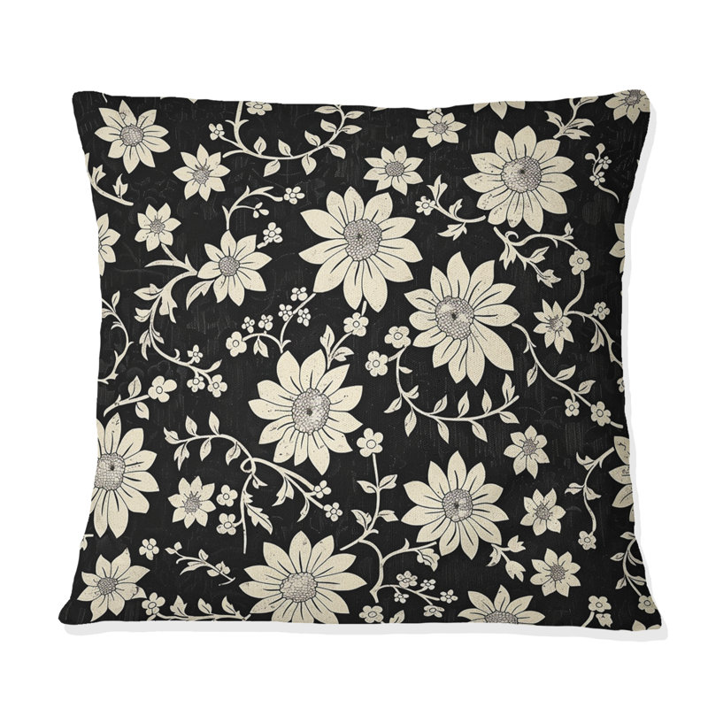 Coussin décoratif noir et blanc Country Flowers III, H 16 po x l 16 po, Carrée