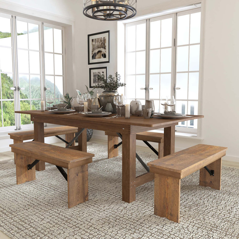 Dejon Ensemble de table de ferme pliable et quatre bancs 8 pi x 40 po Taren, 30" H x 96" L x 40" W, Brown
