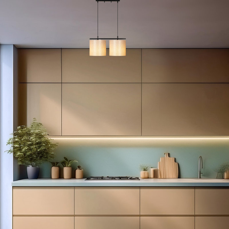 Luminaire suspendu pour îlot de cuisine 2 lumières à hauteur réglable avec capuchon en tissu, Crème