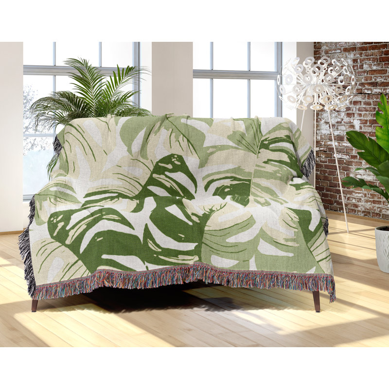 Monstera  Leaf  Cotton Throw Blanket, 60x80, Green