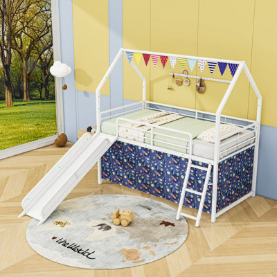 Twin Metal House-Shaped Loft Bed With Slide And Creative Accessories