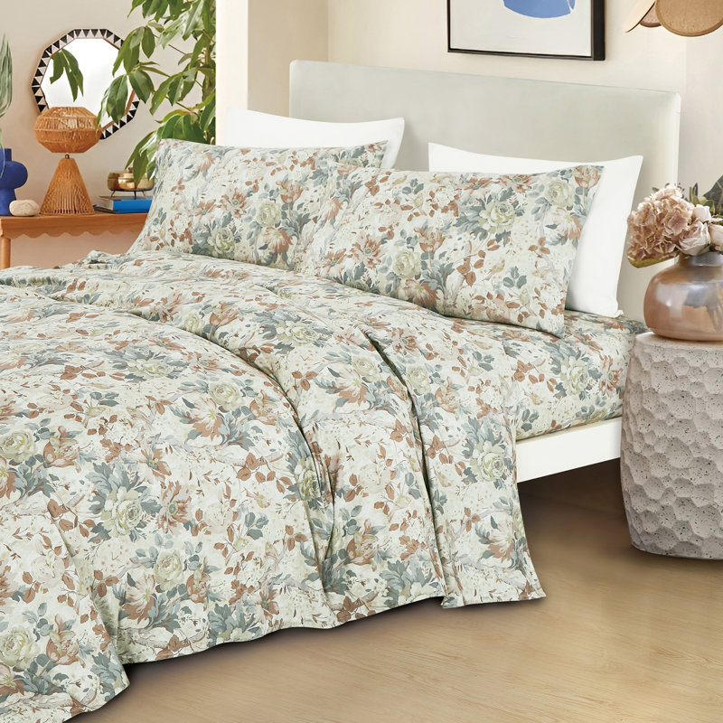 Floral Printed Sheet Set, King Sheet Set with 2 Pillowcases, Green/Brown Floral