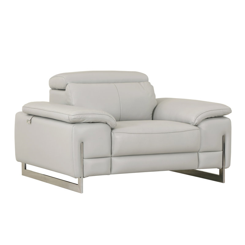 Chaise en cuir gris avec structure renforcée et pieds en acier inoxydable