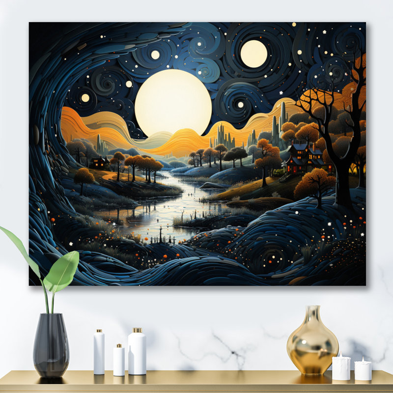 River Pointillism Charm At Night V sur impression sur toile, Toile tendue, H 16 po x l 32 po x P 1 po