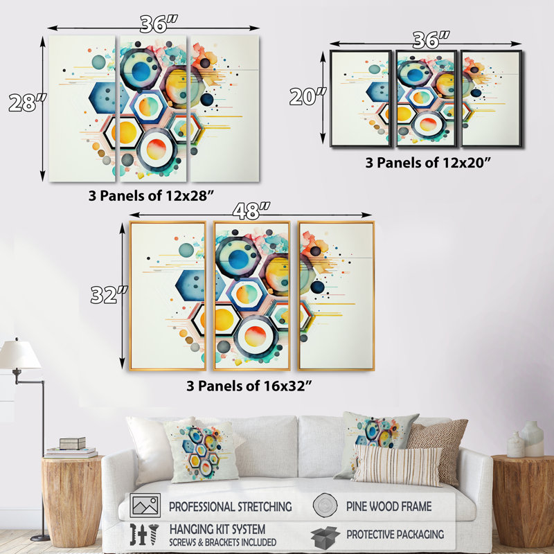 «Diamanto Hexagon and Circular Abstract III», reproduction de 3 pièces, H 28 po x l 36 po x P 1 po, Encadrement doré