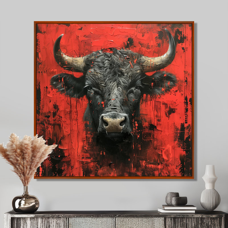 «Red Taurus Astrology Bulls Resolve», reproduction d'art mural animal, Cadre flottant brun, 16" H x 16" W