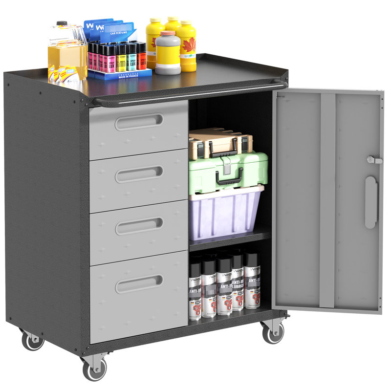 Armoire de rangement en métal - Garage, bureau, maison. Roues verrouillables, plateau surélevé. 4 tiroirs latéraux, tablettes réglables. Solide. Noir / gris pour un usage domestique. Rangement à 360 roulettes.