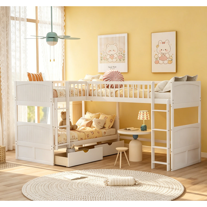 Lit superposé simple avec mezzanine attachée et deux tiroirs, blanc, conception peu encombrante pour les petites pièces