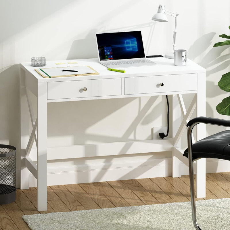 Farmhouse Desk With USB Charging Ports And Power Outlets, 39" Computer Desk With Drawers, Small Study Writing Table With Stable X Frame For Home Office