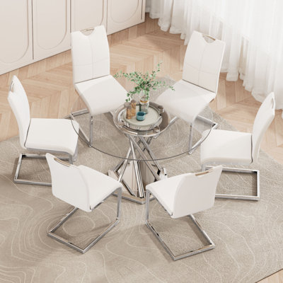 Ensemble de table de salle à manger moderne en verre 47,2 po pour 6 personnes, plateau en verre trempé avec base en acier inoxydable au fini lustré, peu encombrant