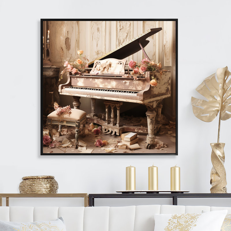 Vintge Piano Romantic Melody 1 - Piano, art mural, Cadre flottant noir, H 30 po x l 30 po x P 1,5 po