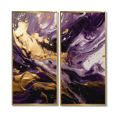 Purple And Gold Liquid Magic I - Large Abstract Wall Art 2-Panels